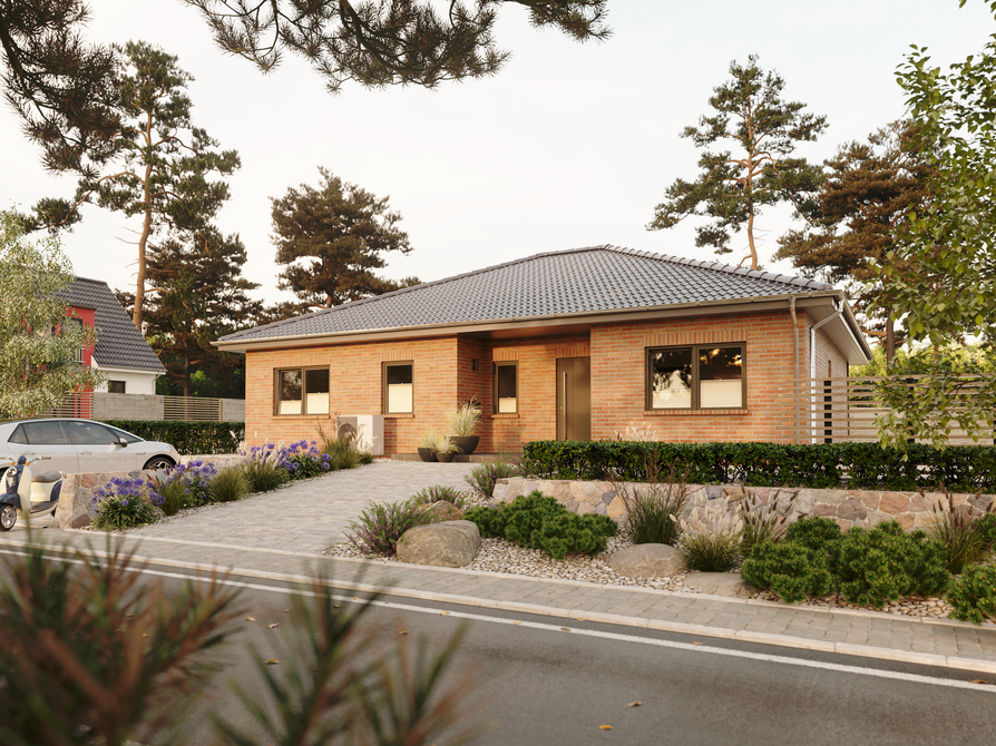 Freundlicher Bungalow 128 mit heller Spreeland-Klinkerfassade, klare Linienführung und charmante Gartengestaltung zur Straße hin